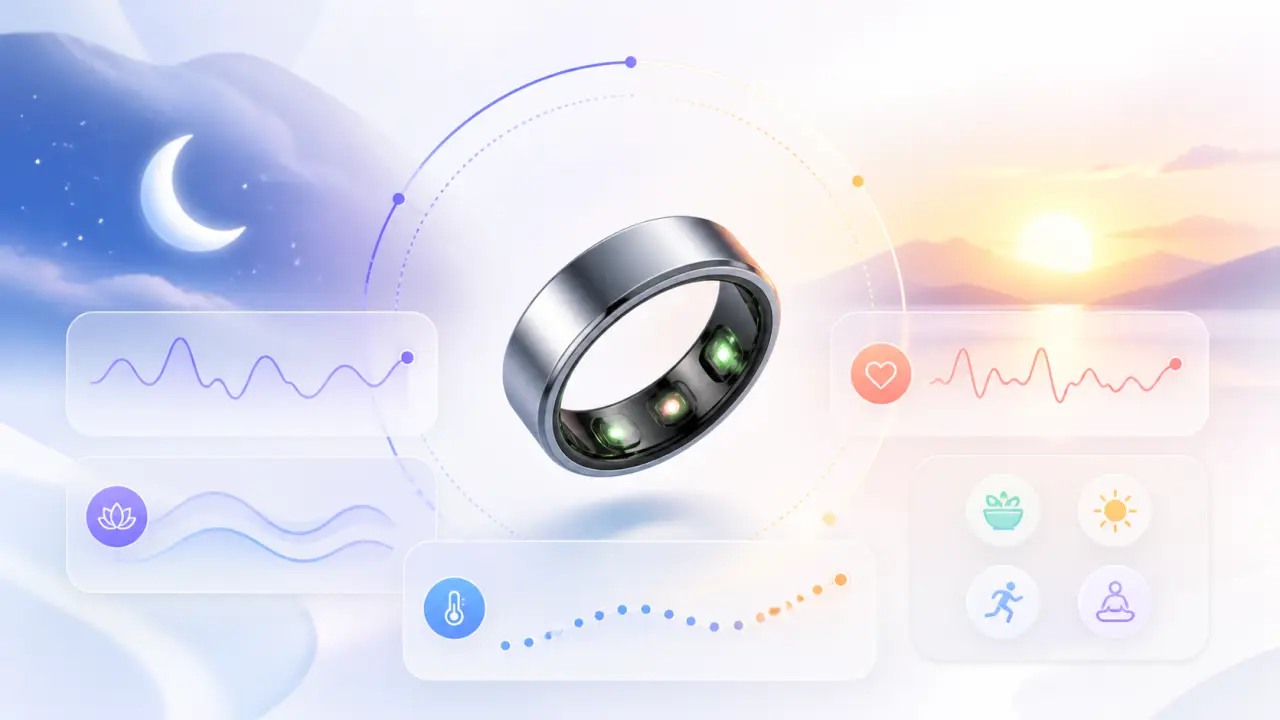 Anneau biométrique connecté au-dessus d'une onde lumineuse verte représentant les cycles biologiques