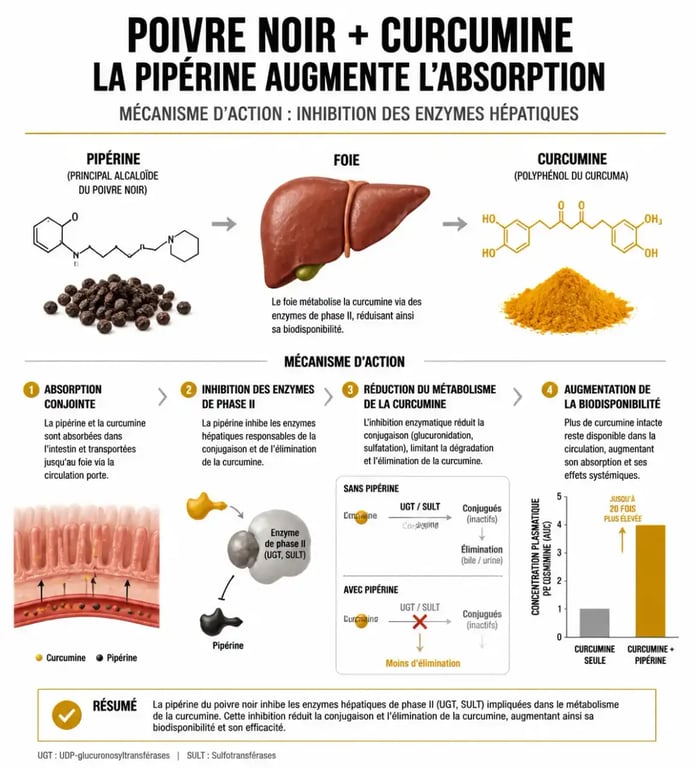 Infographie sur la synergie entre curcuma et poivre noir pour une meilleure absorption