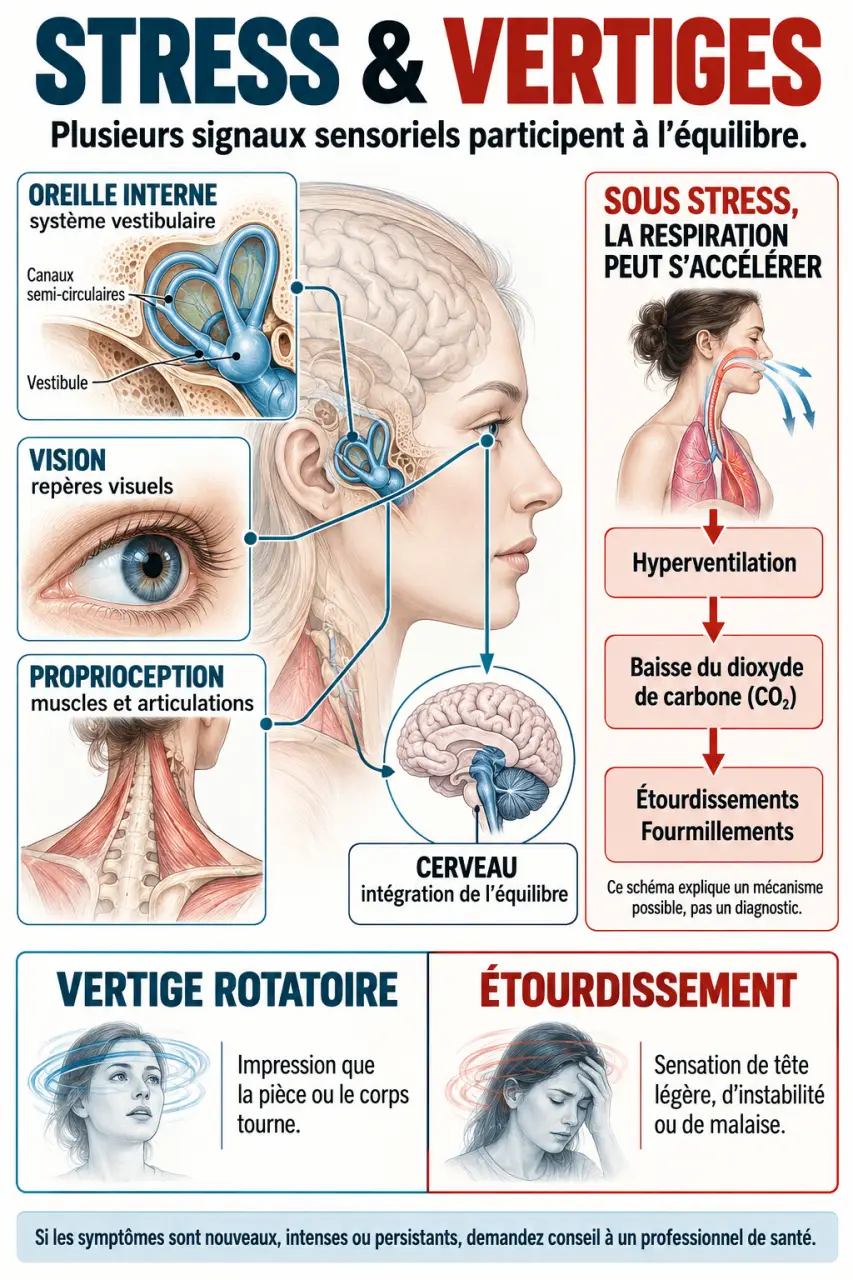 Infographie expliquant le lien entre stress et vertiges, respiration, système vestibulaire et équilibre