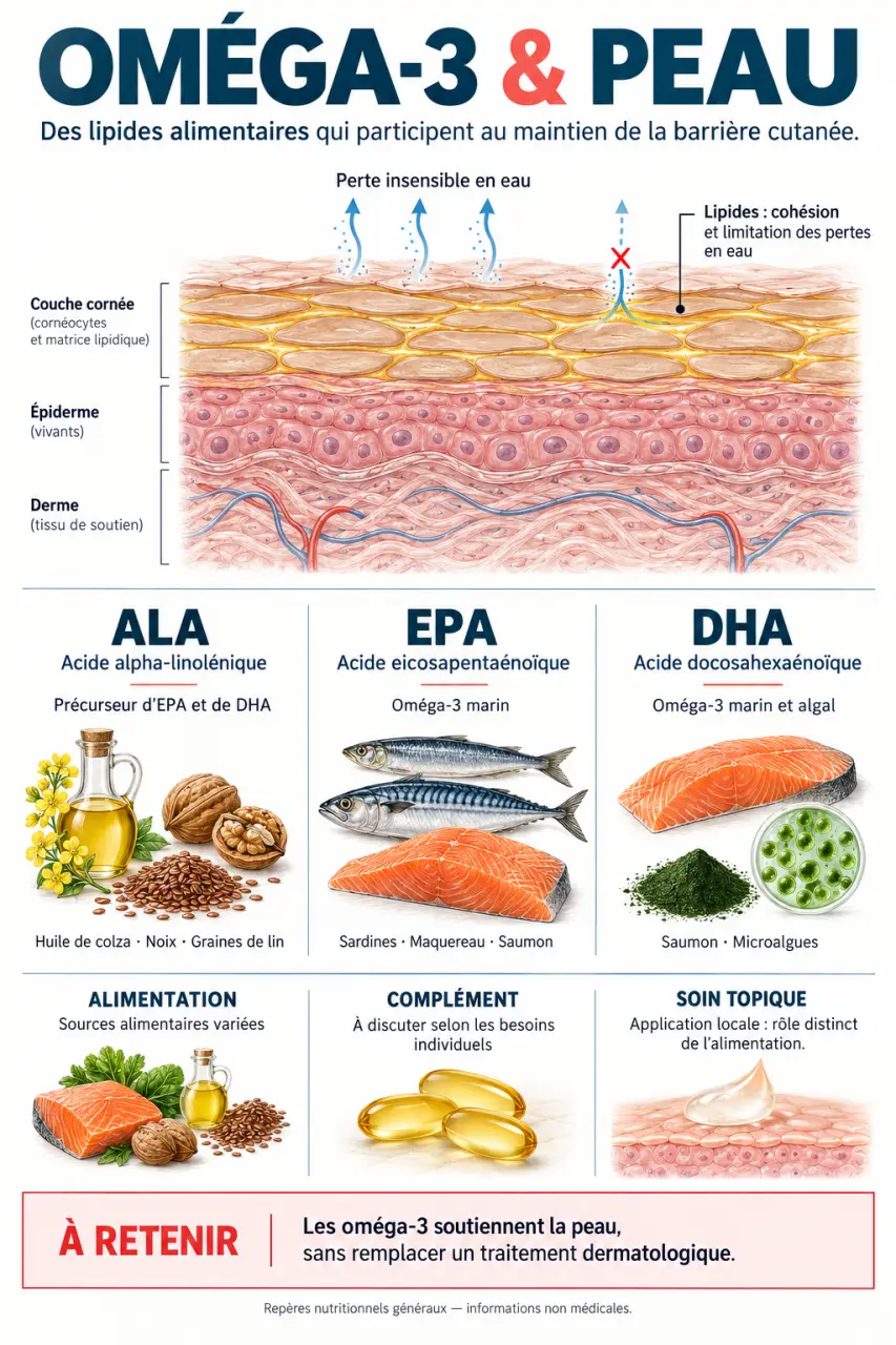 Infographie sur les omega 3 pour la peau, la barrière cutanée et les sources d’ALA, EPA et DHA