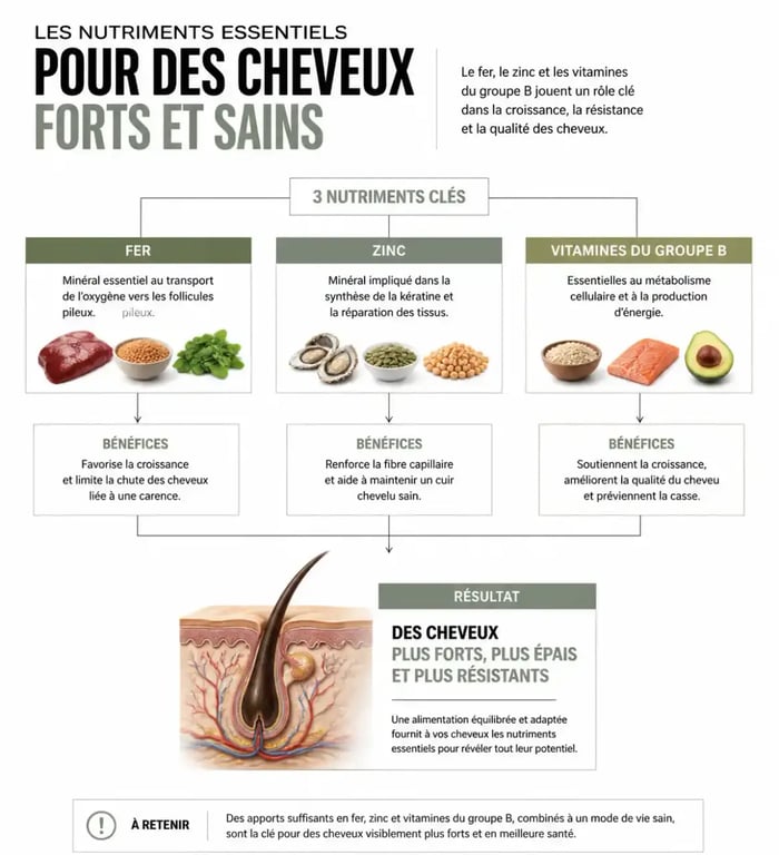 Infographie des nutriments essentiels pour lutter contre les vitamines chute cheveux