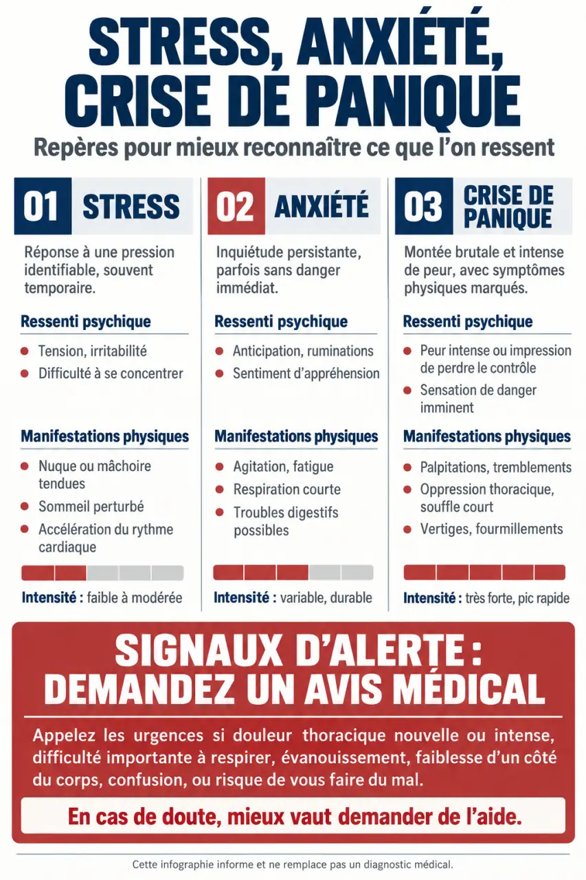 Infographie sur l’anxiété homéopathie, les différences entre stress, anxiété et crise de panique et les signaux d’alerte