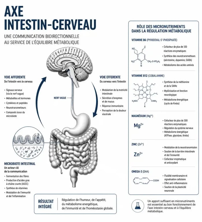 Schéma explicatif de l'axe intestin-cerveau pour une consultation chez un médecin micronutritionniste