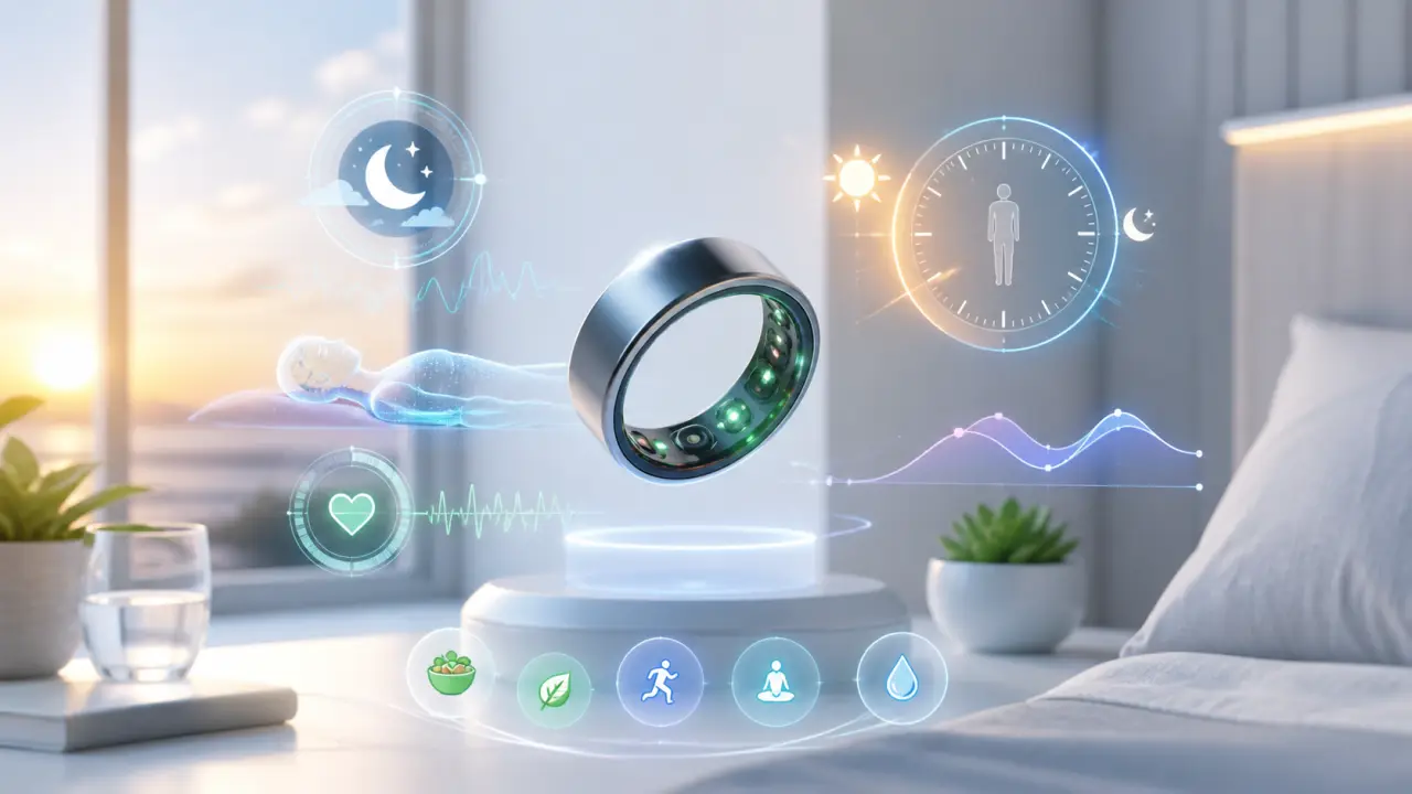 Anneau connecté high-tech flottant au-dessus d'une onde lumineuse verte représentant les cycles biologiques