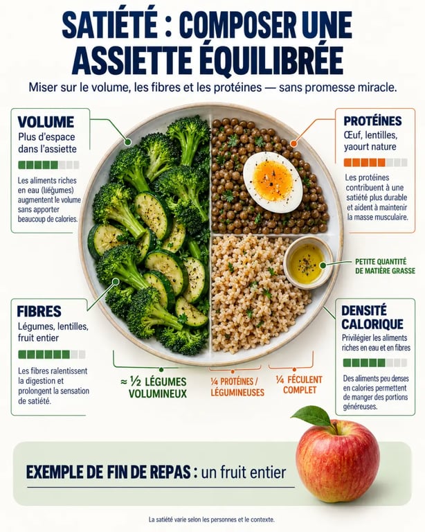 Infographie sur les aliments qui font maigrir et la composition d'une assiette rassasiante