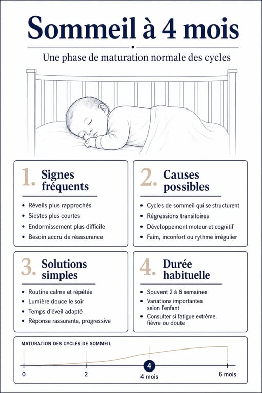 Sommeil bébé 4 mois : infographie sur les réveils nocturnes, les causes possibles et les solutions