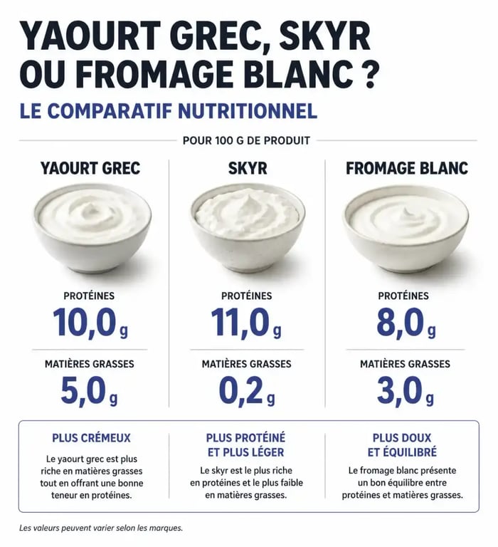 Infographie comparative des bienfaits et nutriments du yaourt à la grecque, skyr et fromage blanc