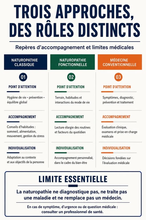 Infographie comparative sur le naturopathe fonctionnel, la naturopathie classique et la médecine conventionnelle