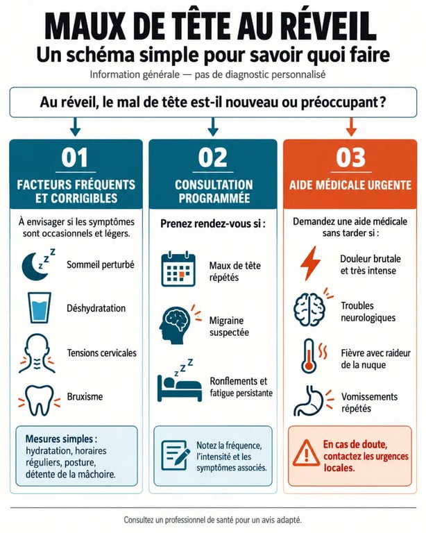 Infographie sur les maux de tête au réveil et les signes indiquant quand consulter