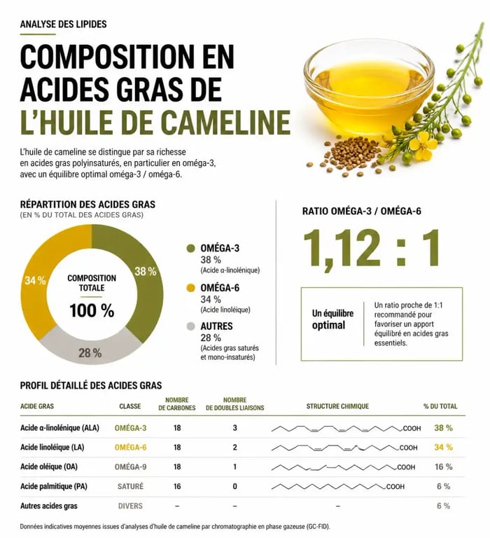 Infographie sur les bienfaits et la composition nutritionnelle de l'huile de cameline