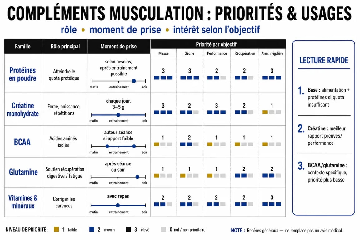 Comparatif des complément alimentaire musculation selon l’objectif, le moment de prise et la priorité