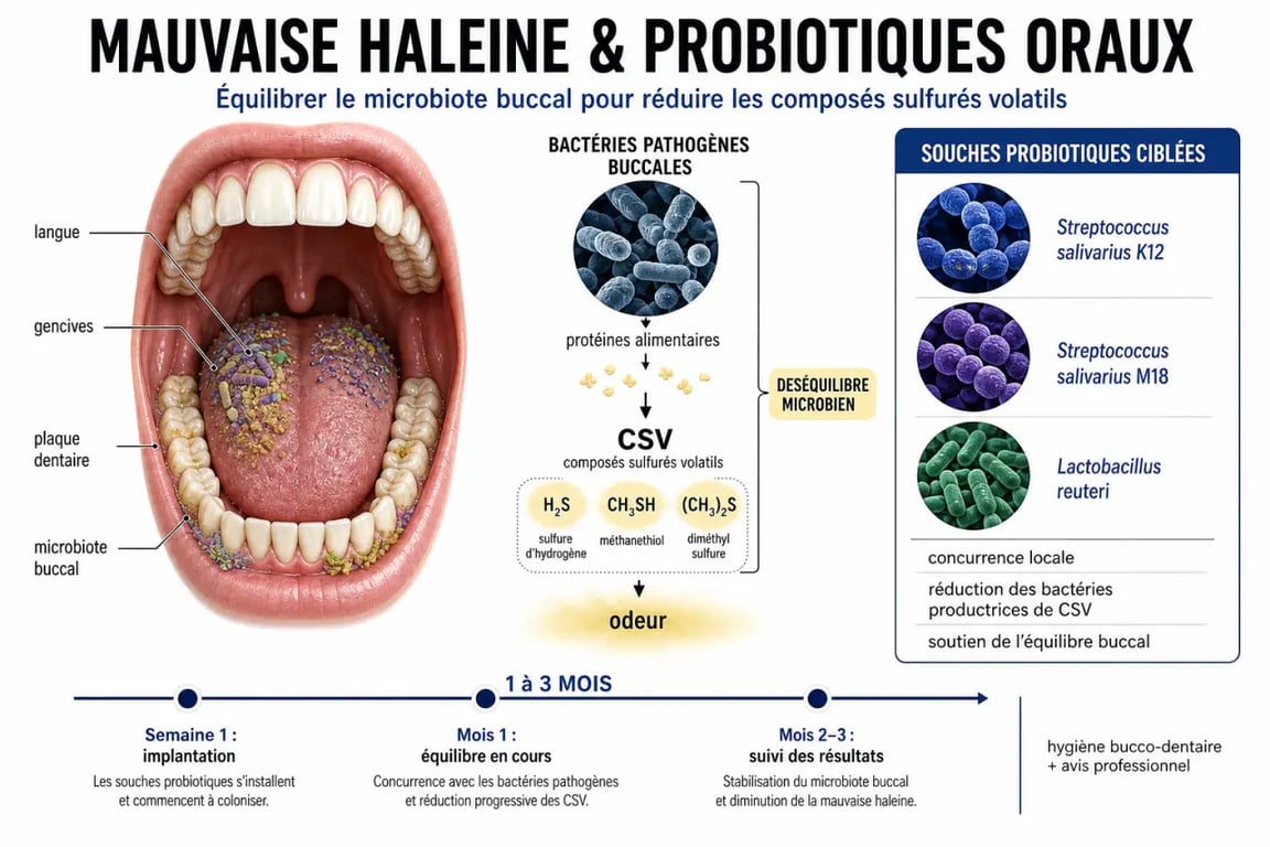 Mauvaise haleine probiotique : schéma des causes buccales, des composés sulfurés et des souches orales utiles
