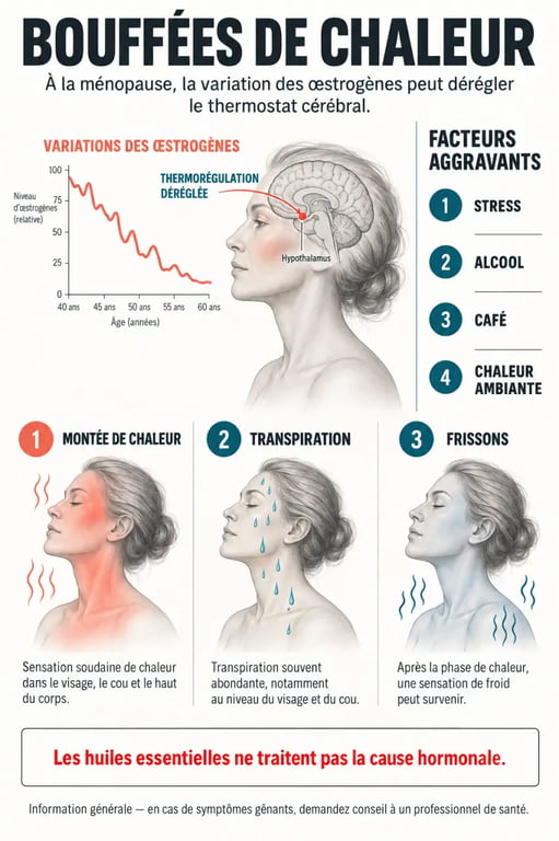 Schéma sur les bouffées de chaleur et huiles essentielles, thermorégulation et ménopause