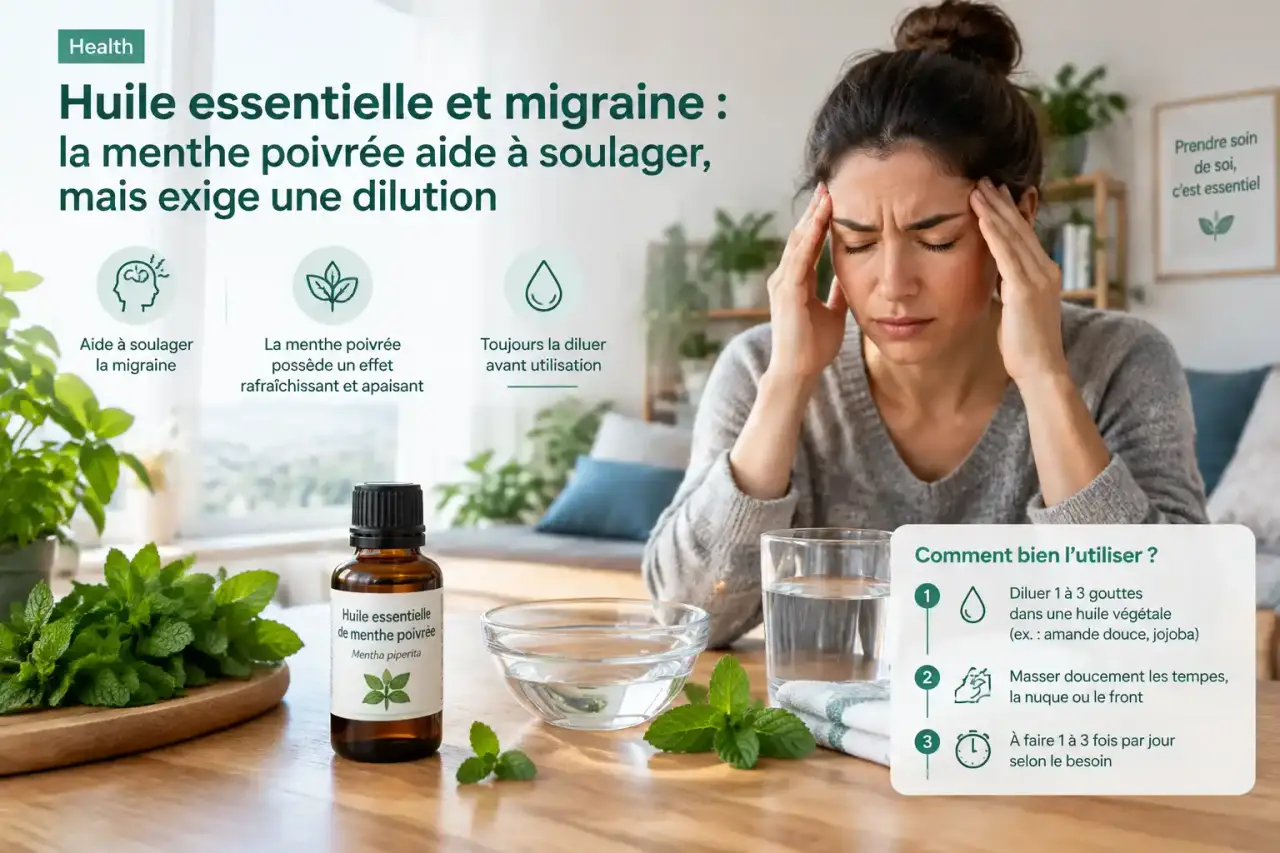 Huile essentielle et migraine : la menthe poivrée aide à soulager, mais exige une dilution