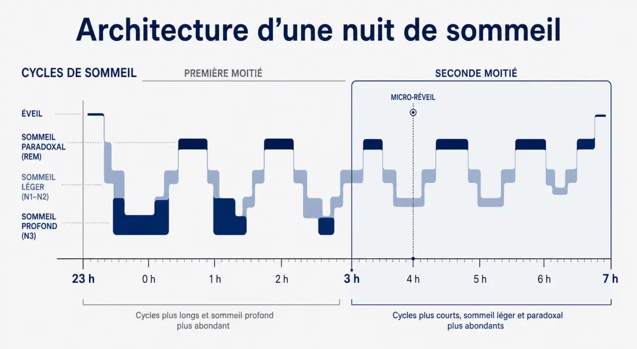 Réveil nocturne 3h illustré par un schéma des cycles du sommeil et de la seconde moitié de nuit