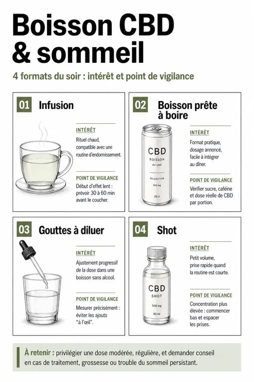 Boisson cbd sommeil : comparaison visuelle des formats et de leurs points de vigilance