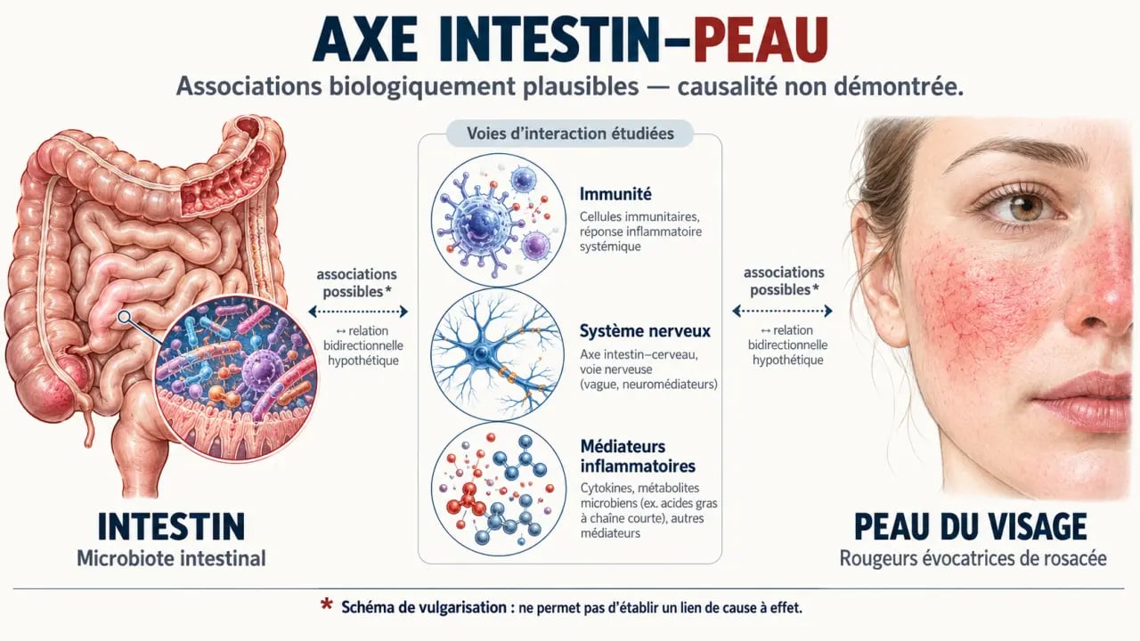 Schéma de l’axe intestin-peau et du lien possible entre rosacée et intestin