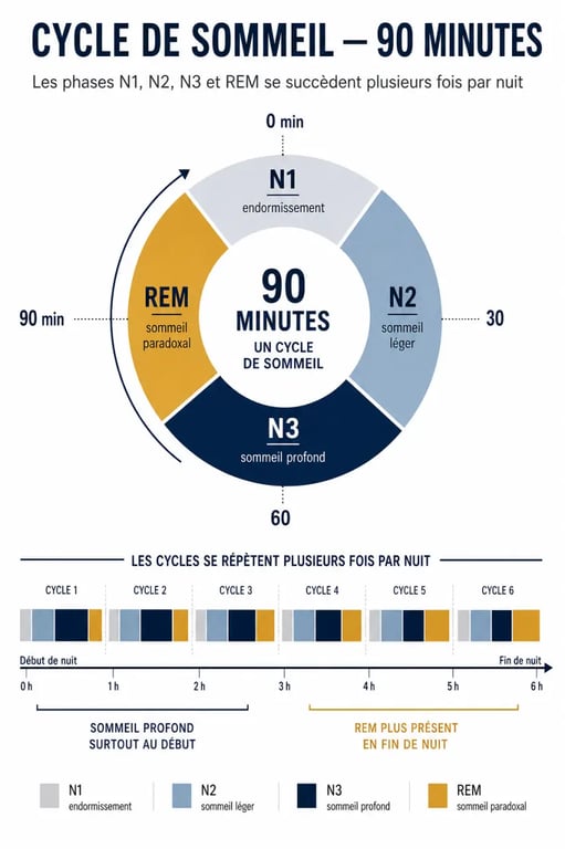 Calcul cycle de sommeil : schéma des phases N1, N2, N3 et REM sur un cycle de 90 minutes