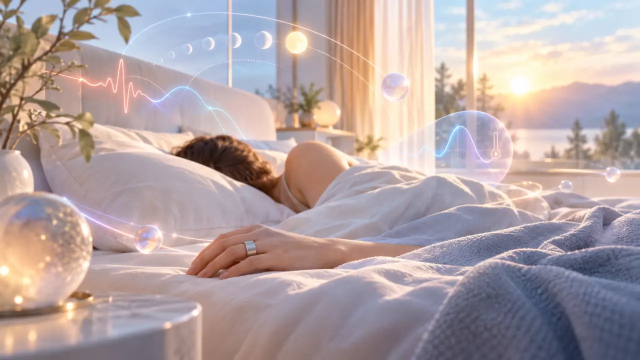 Anneau biométrique BioLoop posé près d’un lit au lever du jour
