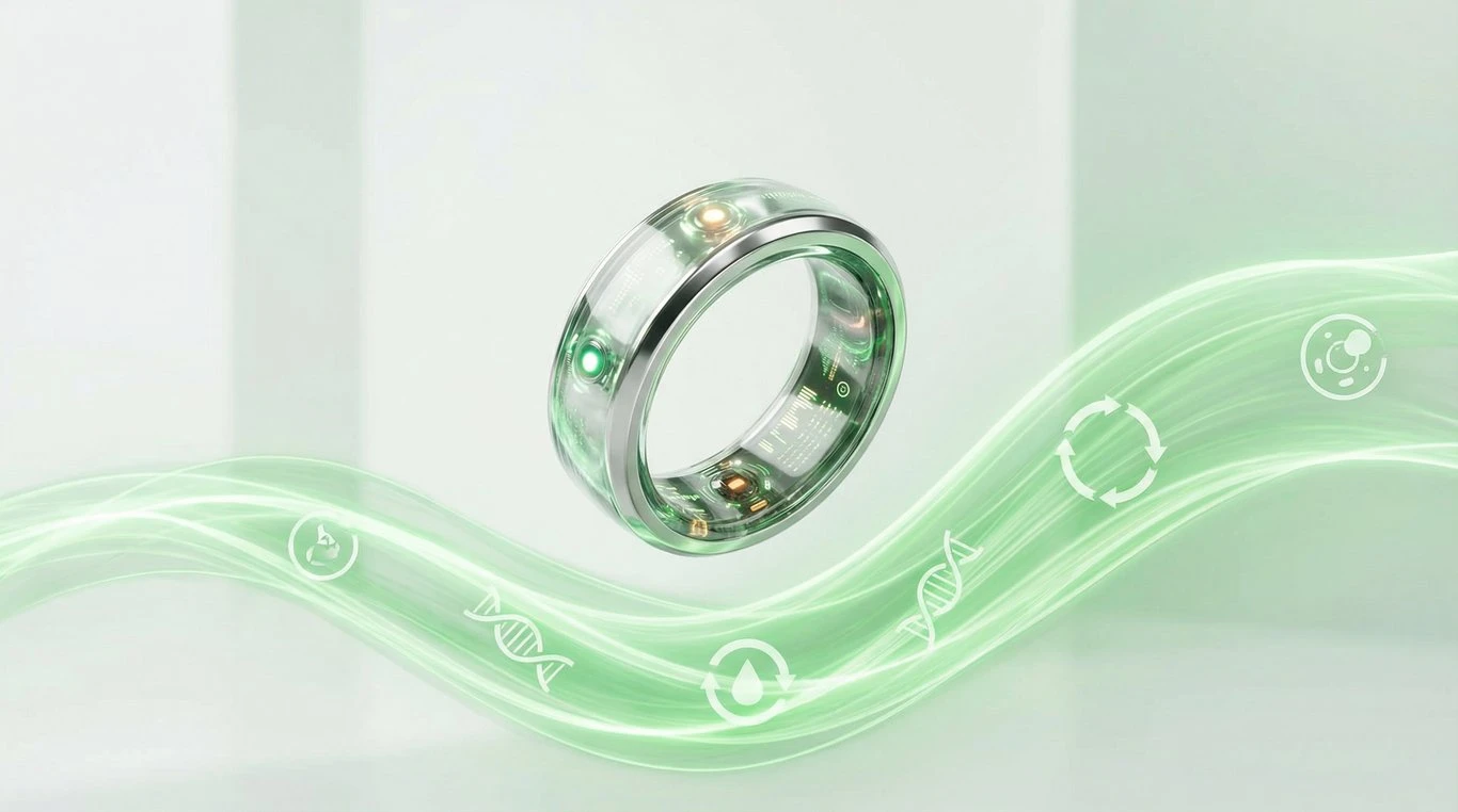 Anneau connecté BioLoop flottant au-dessus d'une onde lumineuse verte