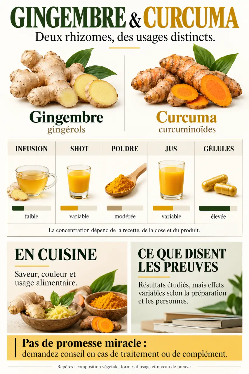 Gingembre et curcuma : formes de consommation, composés étudiés et limites des preuves