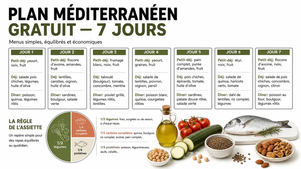 Régime méditerranéen : menus gratuits sur 7 jours avec repères de portions