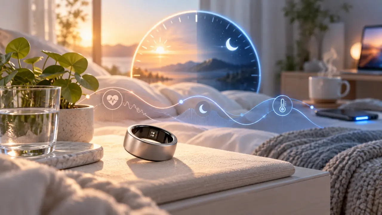 Anneau biométrique BioLoop posé dans une composition évoquant les cycles du sommeil et de la lumière