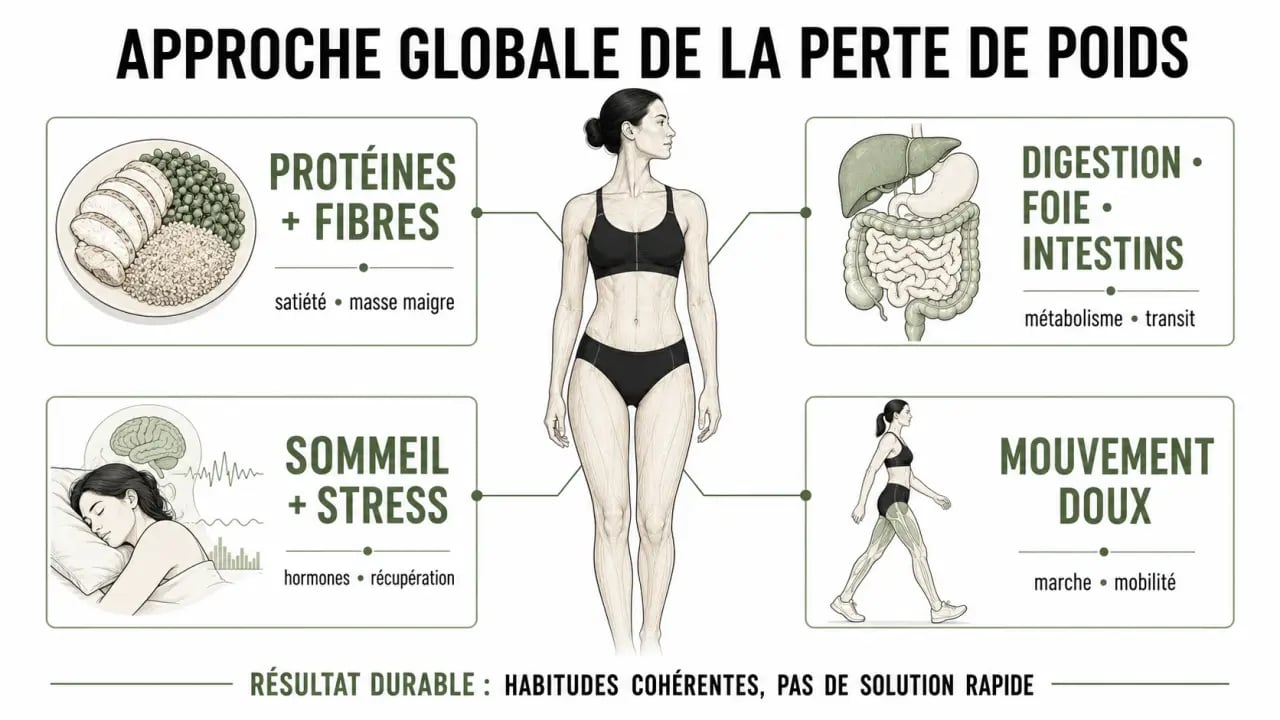 Naturopathe maigrir : schéma des quatre leviers de perte de poids durable
