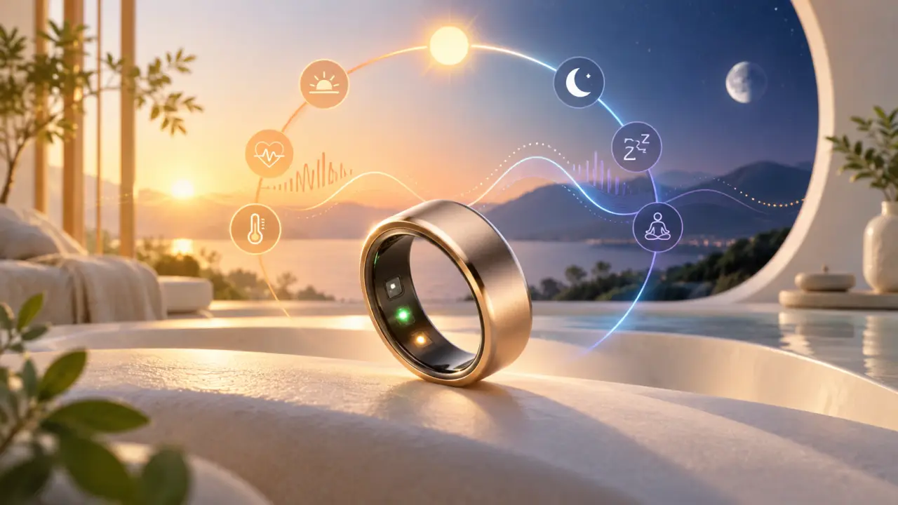 Anneau biométrique connecté au-dessus d'une onde lumineuse représentant les cycles biologiques
