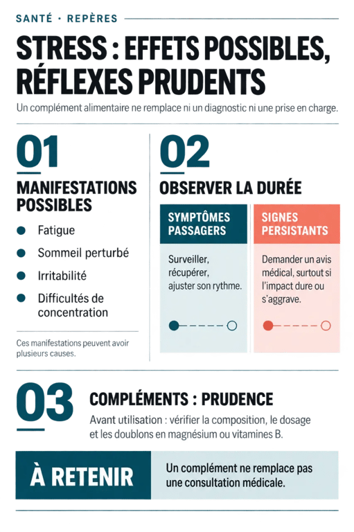 Infographie sur les effets secondaires d stress, les symptômes du stress et les précautions avant de prendre un complément