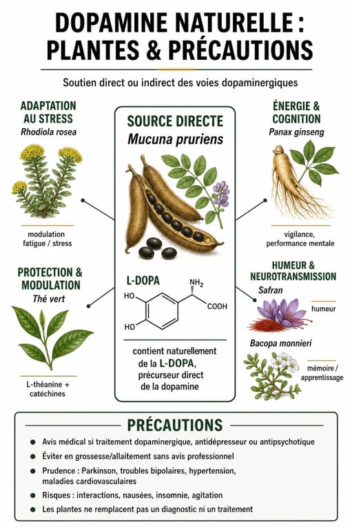 Infographie dopamine naturelle plante sur le Mucuna pruriens, les plantes dopaminergiques et les précautions essentielles