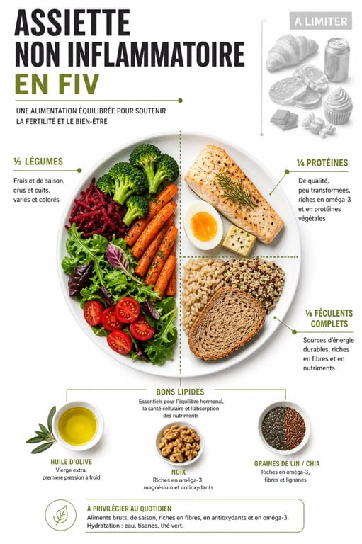 Alimentation non inflammatoire FIV : assiette équilibrée avec légumes, protéines, fibres et bonnes graisses
