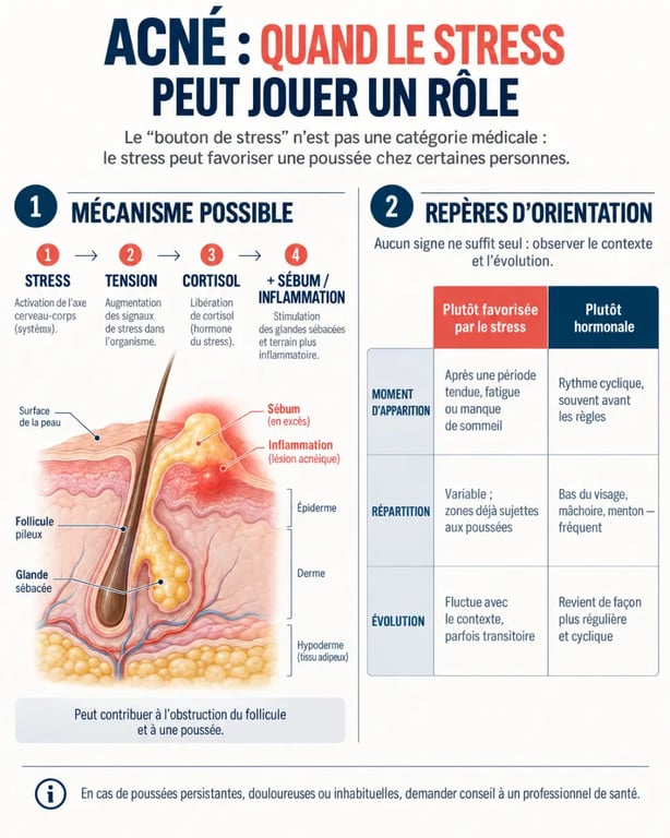 Infographie expliquant le bouton stress visage et les différences avec une poussée hormonale