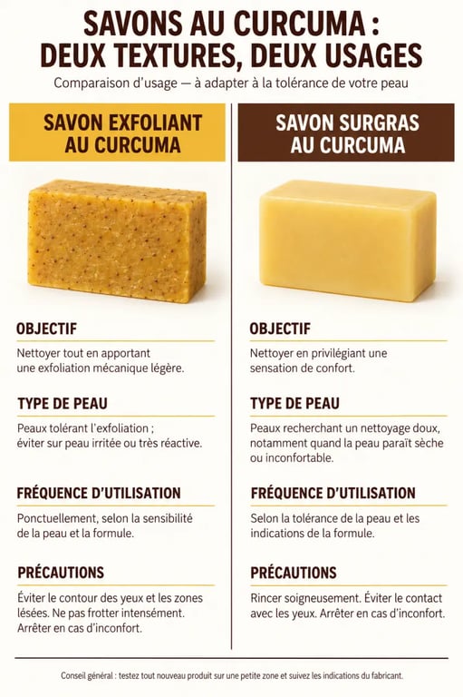 Savon curcuma pharmacie : comparaison entre savon exfoliant et savon surgras