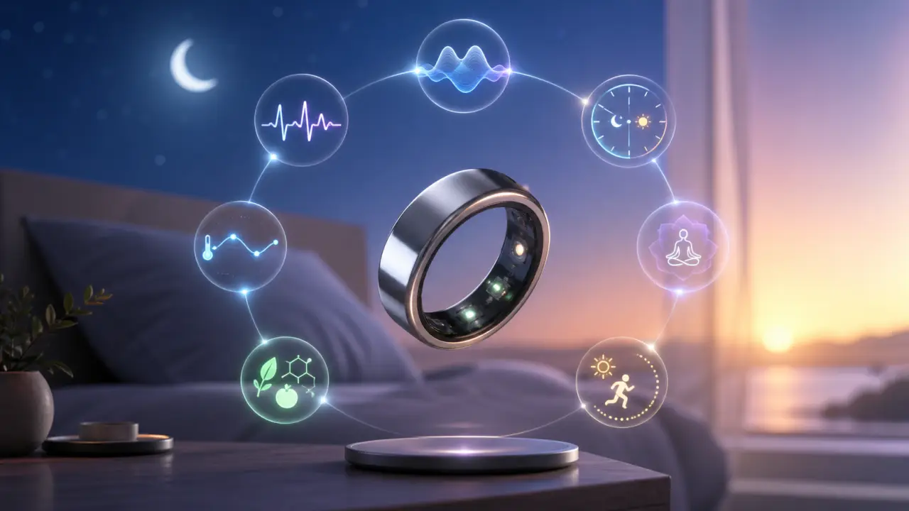 Anneau biométrique connecté au-dessus d'une onde lumineuse verte, symbole des cycles biologiques nocturnes