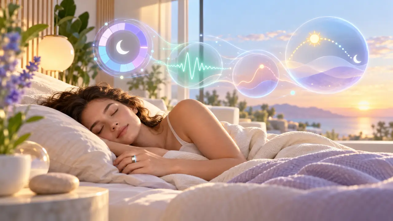 Anneau biométrique BioLoop posé sur une surface claire, symbole du suivi du sommeil