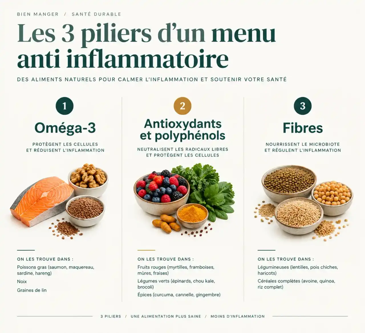 Les trois piliers d'un menu anti inflammatoire : oméga-3, antioxydants et fibres