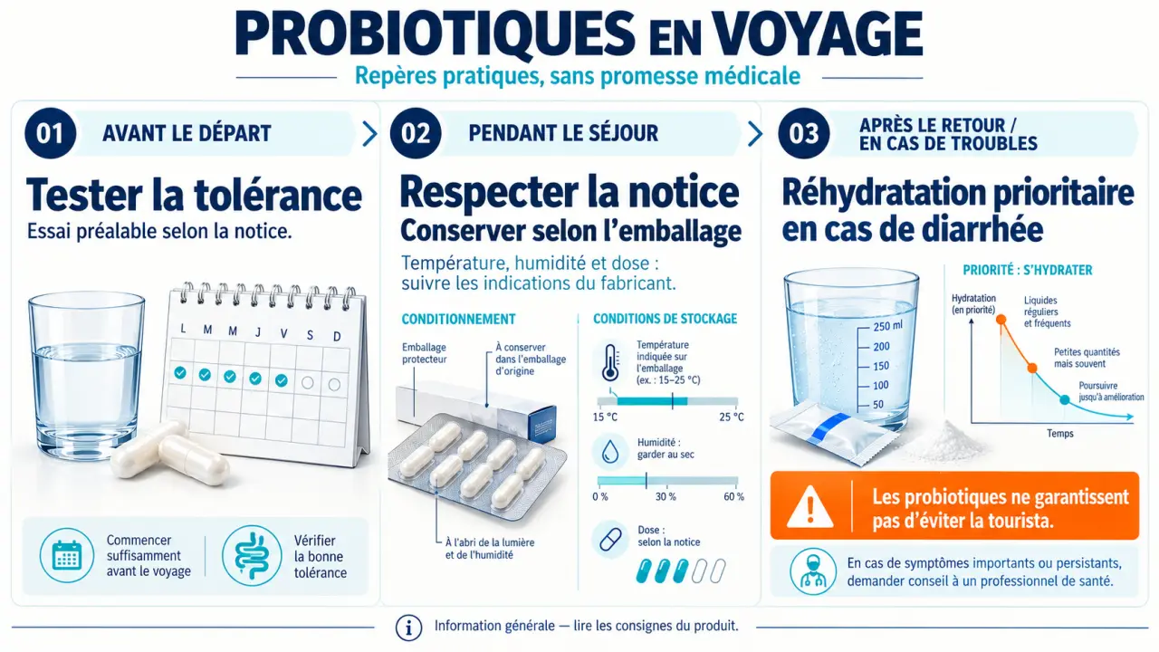 Infographie sur les probiotiques voyages et le calendrier de prise avant, pendant et après le séjour