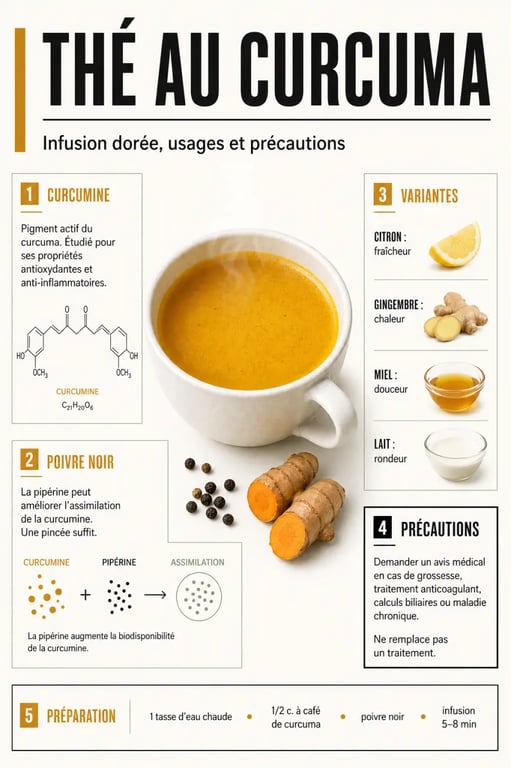 Infographie sur le thé au curcuma, ses bienfaits, sa préparation et ses précautions