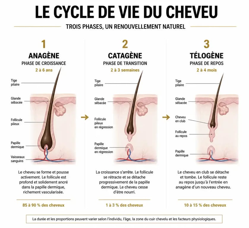 Schéma explicatif du cycle de vie du cheveu pour comprendre les vitamines chute cheveux