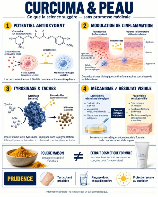 Infographie sur les bienfaits du curcuma sur la peau, ses mécanismes et ses précautions