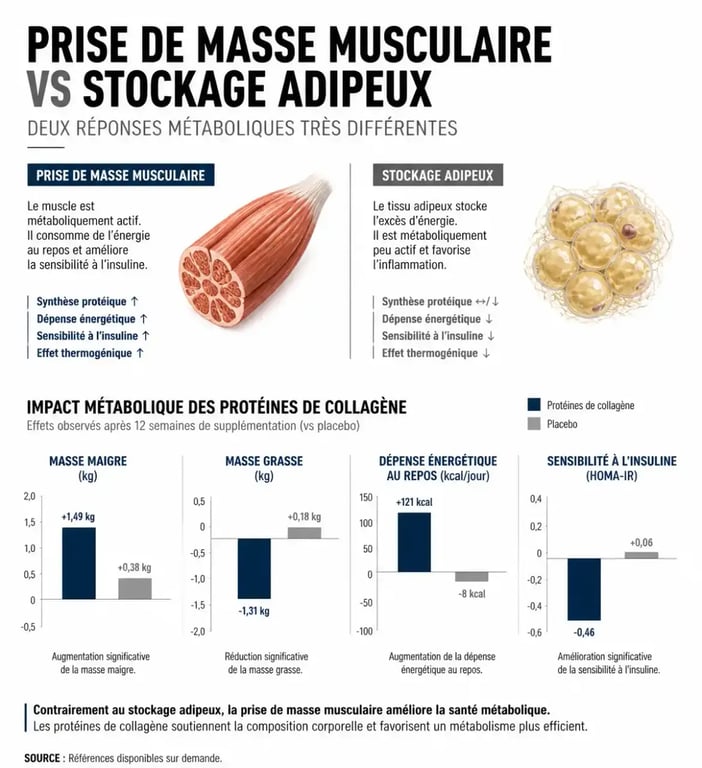 Infographie expliquant pourquoi le collagène marin ne fait pas grossir et la différence entre muscle et graisse