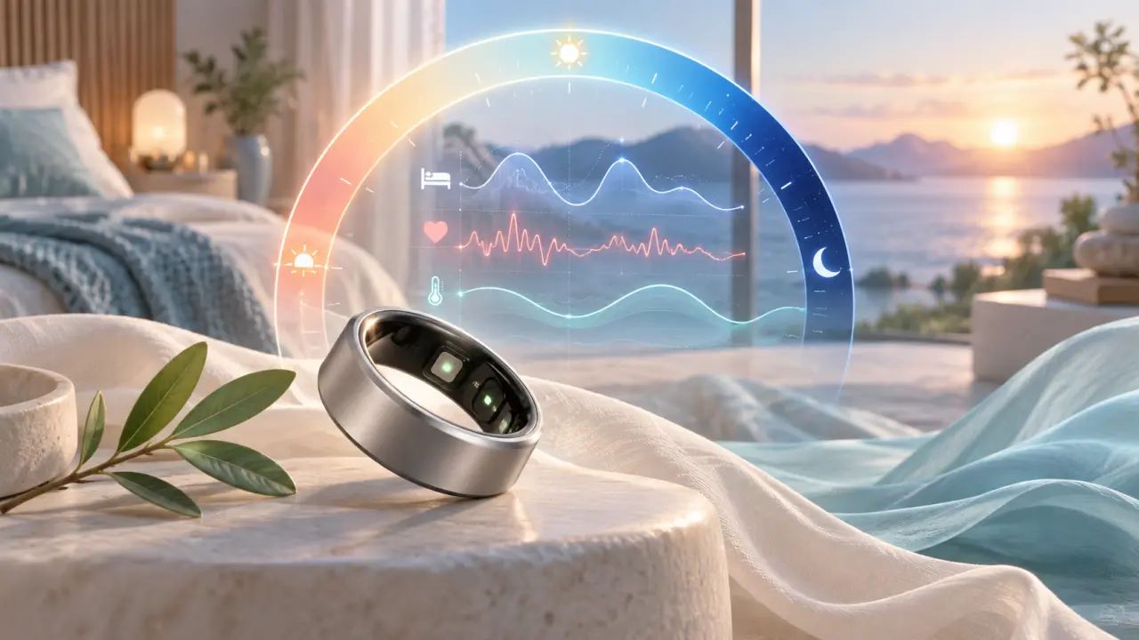 Anneau biométrique connecté au milieu d'une onde lumineuse représentant les cycles biologiques