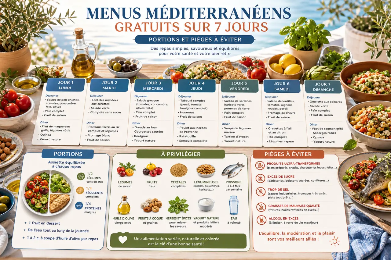 Menus méditerranéens gratuits sur 7 jours, portions et pièges à éviter