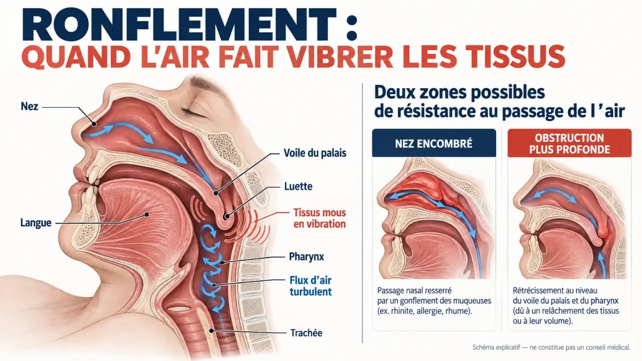 Schéma du mécanisme du ronflement et des voies respiratoires pour comprendre les huiles essentielles contre le ronflement