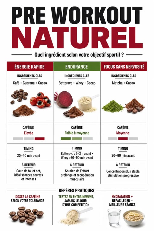 Pre workout naturel : infographie comparant les ingrédients selon l’objectif sportif et le niveau de caféine
