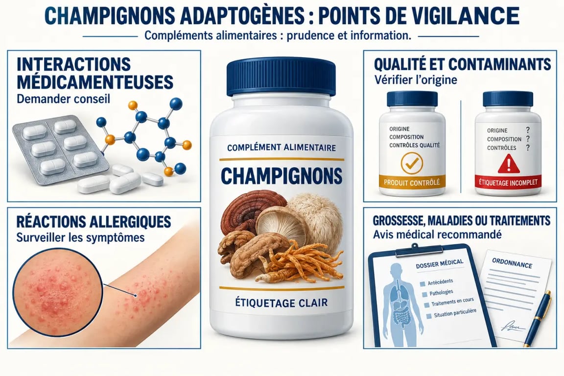 Infographie sur le champignon adaptogène danger et les principales précautions d’utilisation