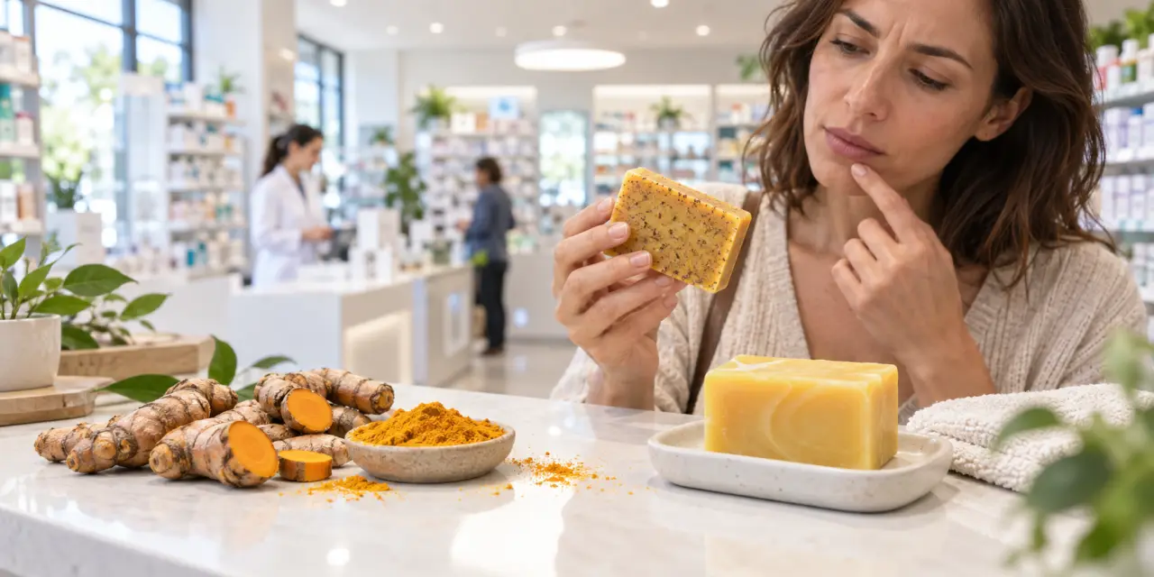 Savon au curcuma en pharmacie : exfoliant ou surgras, le mauvais choix peut irriter la peau