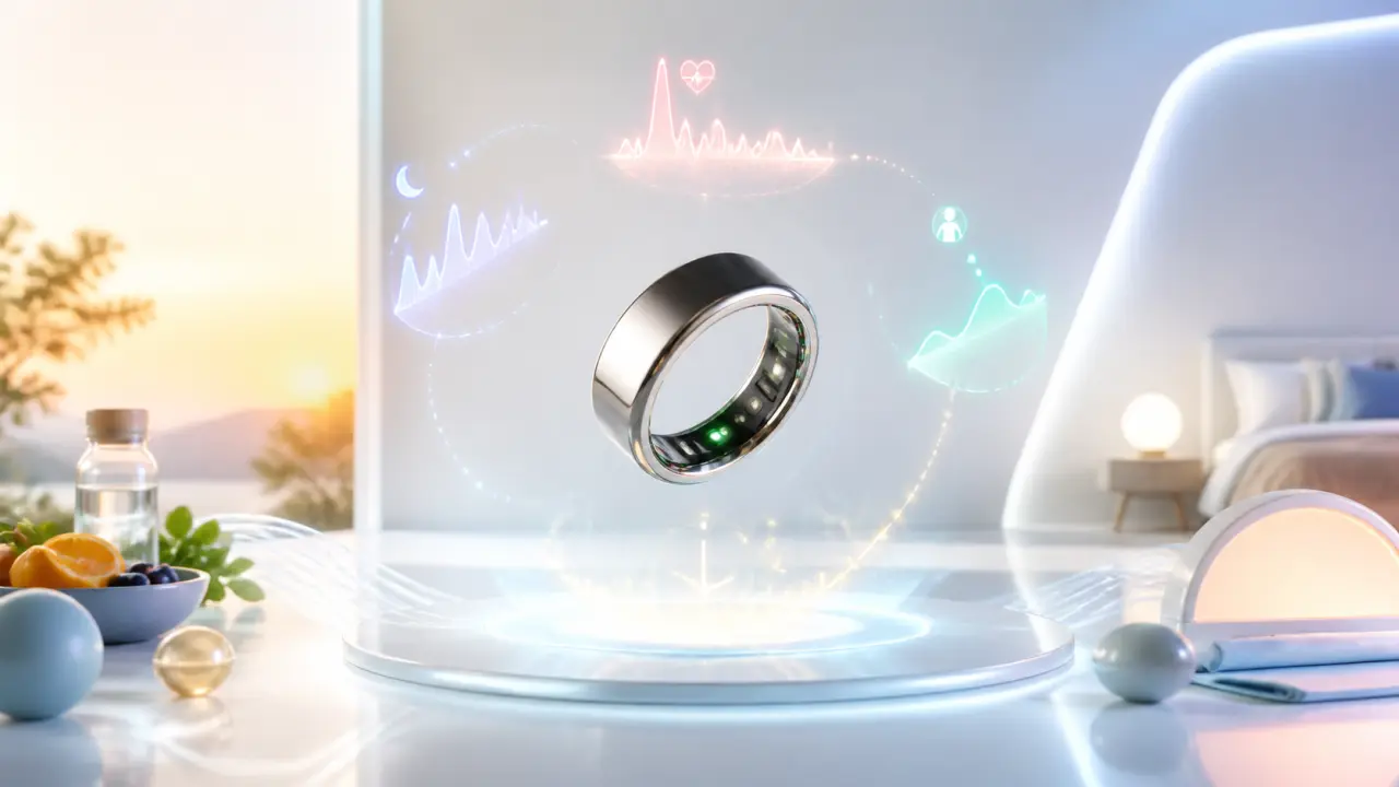 Anneau biométrique connecté flottant au-dessus d’une onde lumineuse verte
