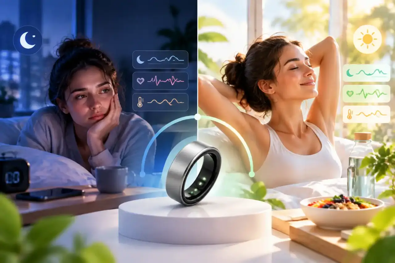 Anneau biométrique BioLoop posé sur une onde lumineuse évoquant les cycles du sommeil